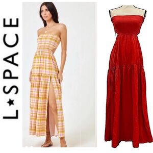 LSPACE TINA MAXI DRESS STRAPLESS BACK CUTOUT LEG SLIT POPPY RED SZ SMALL NWT